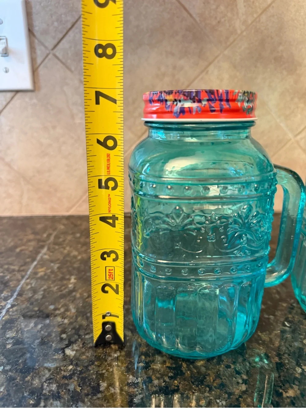 Pioneer Woman Turquoise Glass Mason-Style Drinking Jar with Handle and Straw